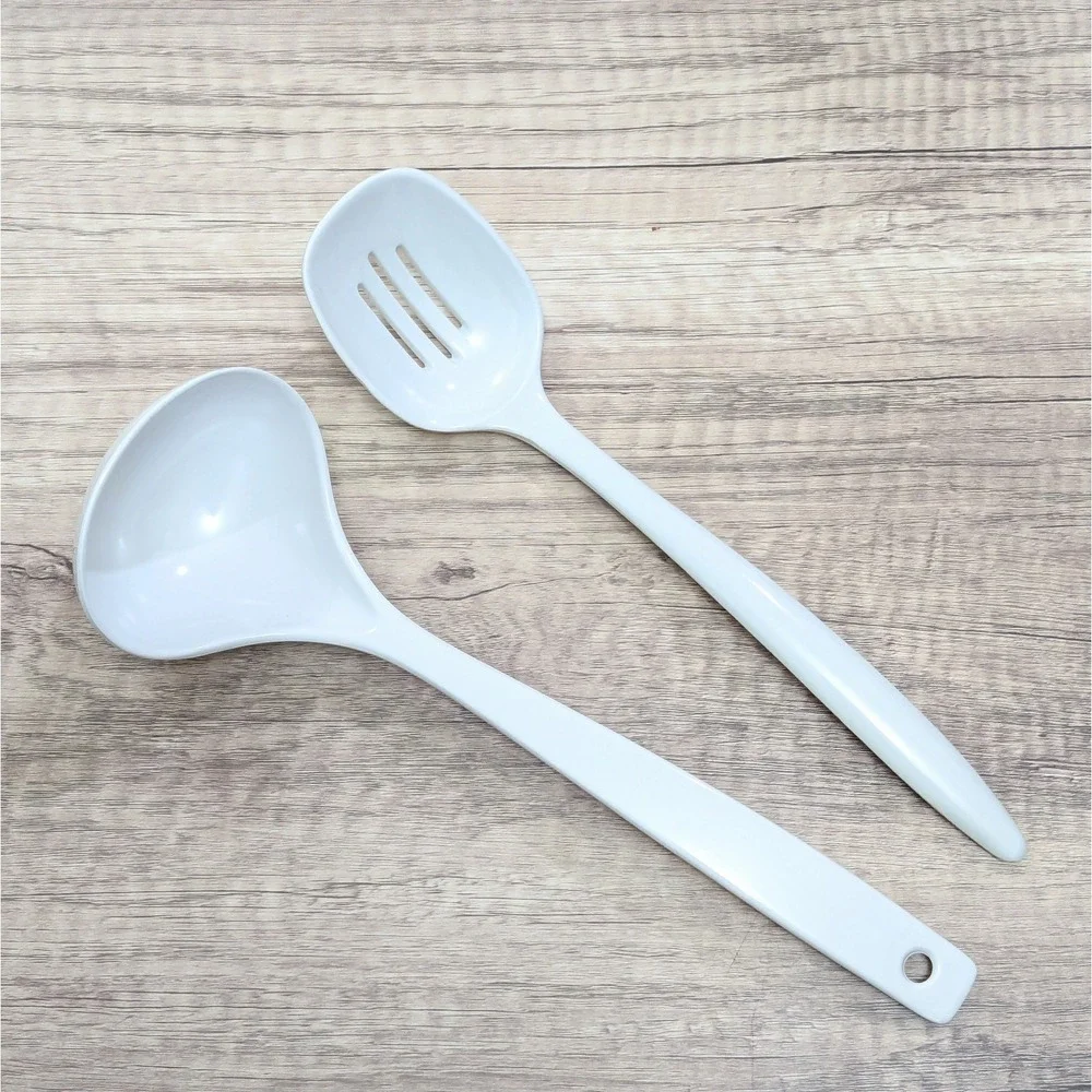 Vtg Machi White Melamine Kitchen Utensils Slotted Spoon MC-721 Ladle MC-712 Set